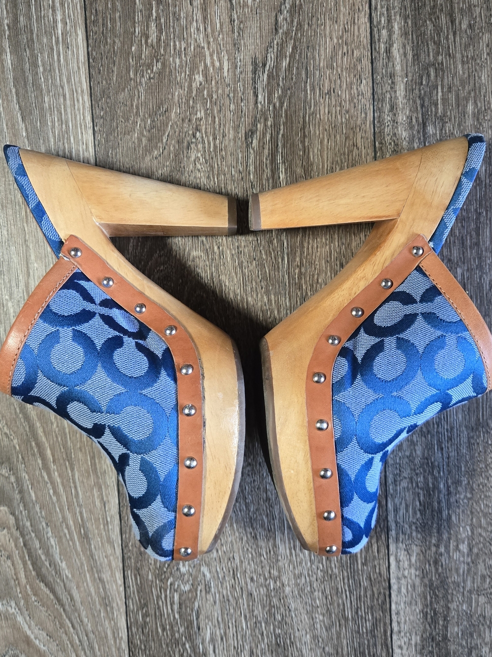 Y2K Auth COACH Blue Plaid Leather Mule/Clog With Wooden Heels - Picture 7 of 14